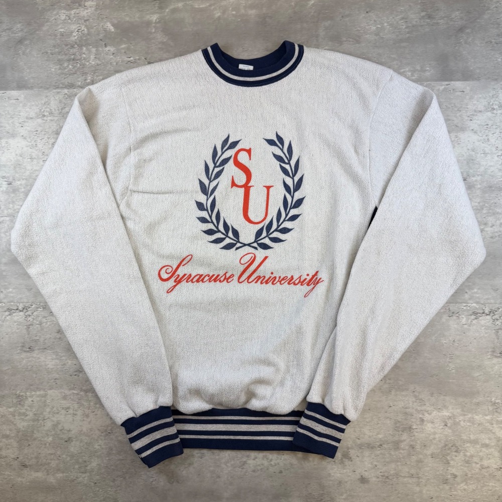 Vintage Artex Syracuse University Sweatshirt L Gray Navy Striped Trim USA Made